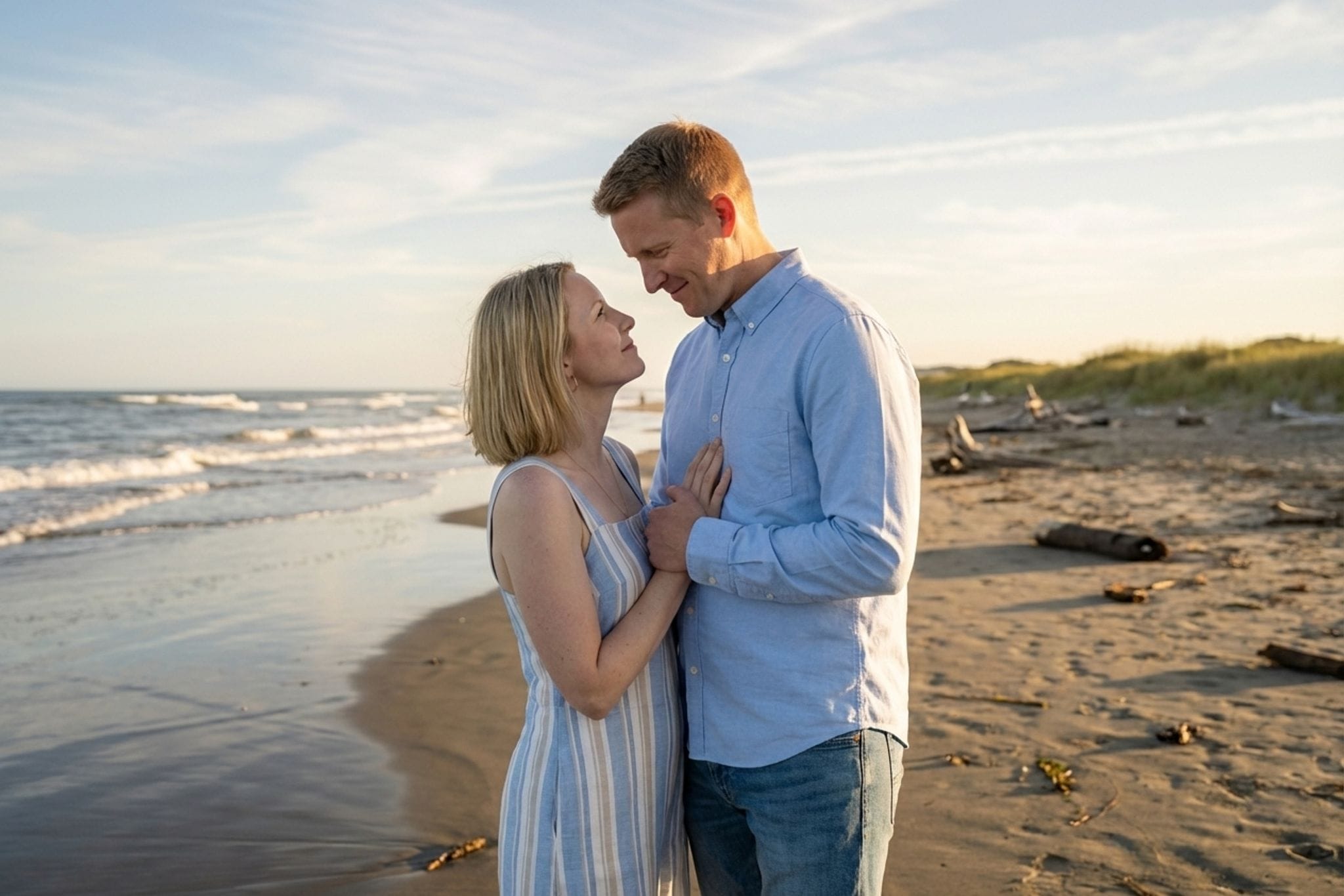 Warm sunset walk along the beach, hand in hand
